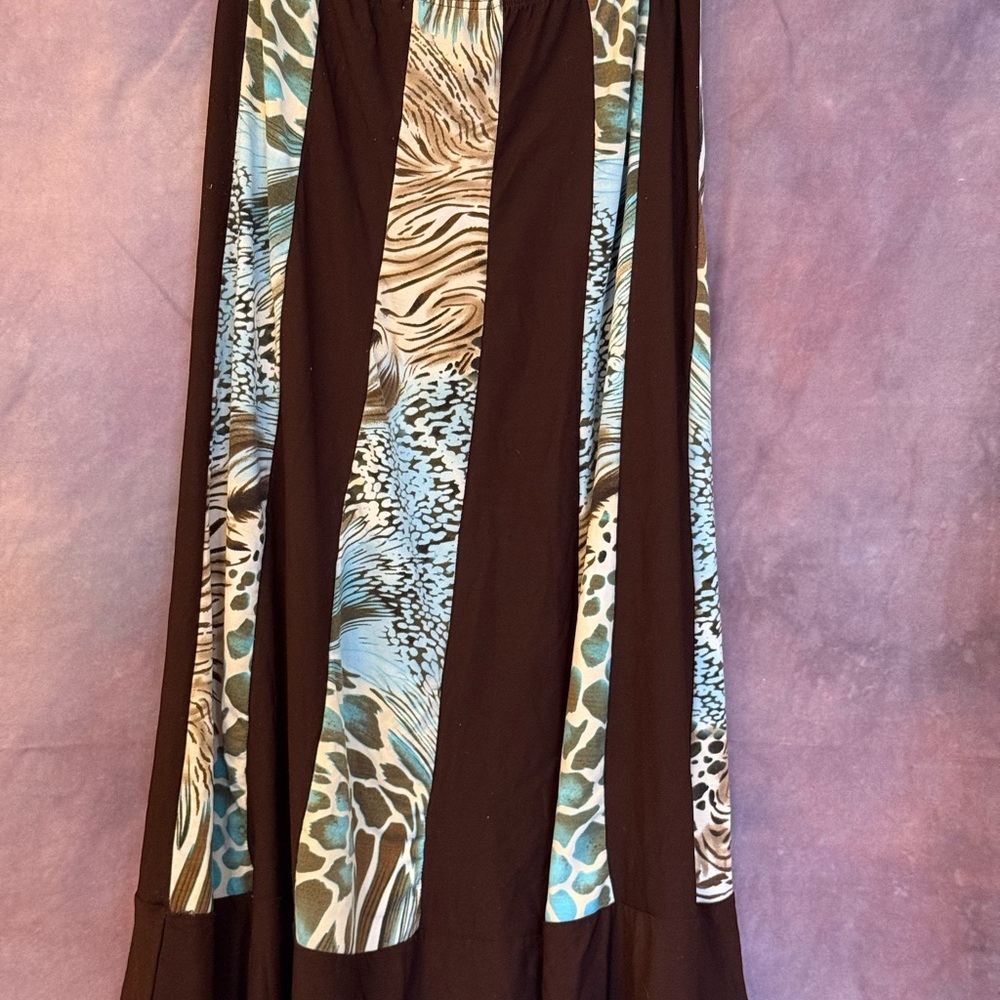 Brown and Blue Animal Print Midi Skirt